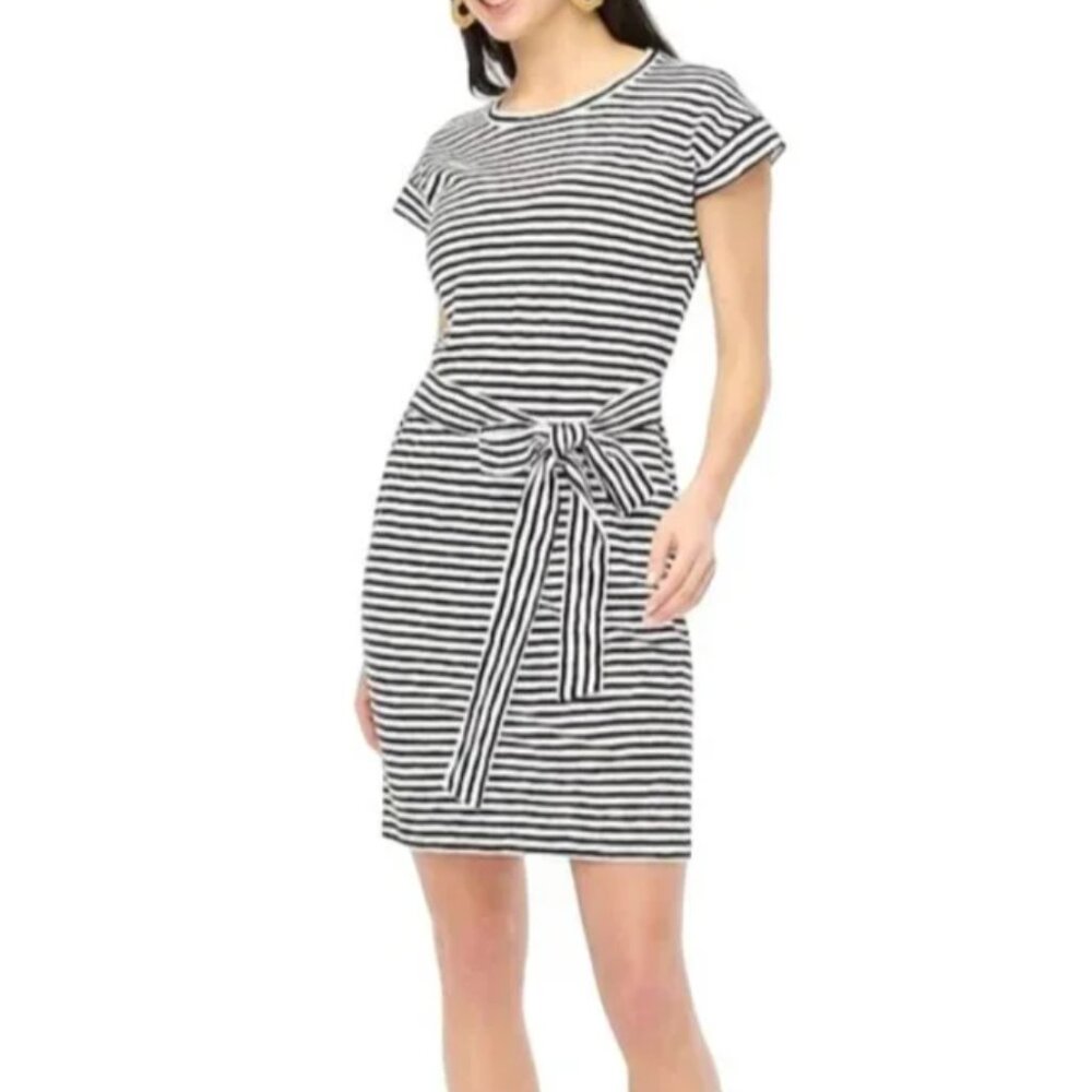 J. Crew Short Sleeve Tie‎ Waist T-Shirt Dress Black White Stripes L